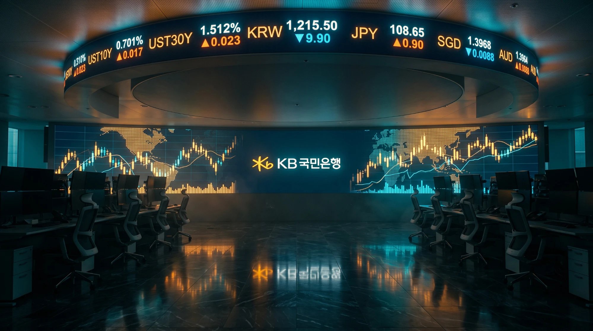 새벽 딜링룸 전경 — 스크린 불빛만 켜진 사무실